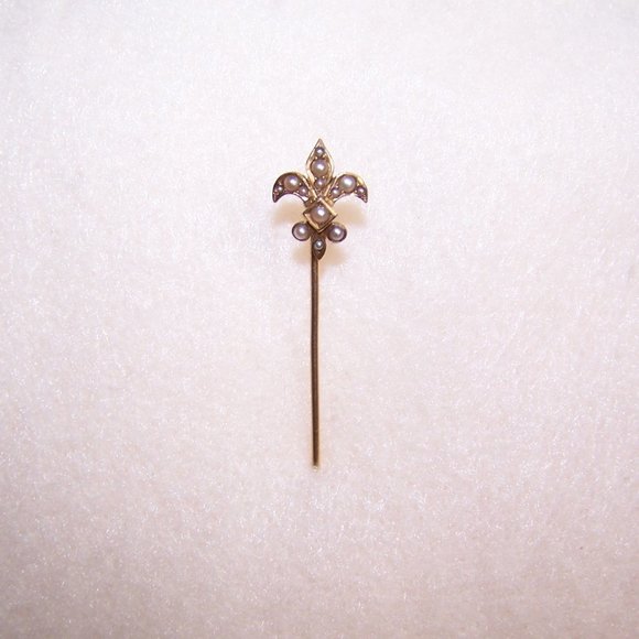 Antique Edwardian 10K Gold Natural Pearl Stick Pin - French Fleur de Lis - Picture 3 of 6